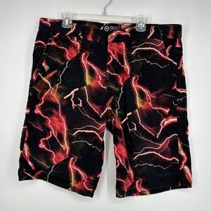 LRG Mens 38 Bermuda Shorts Black Red Lightening Bolts True Straight Fit Cotton